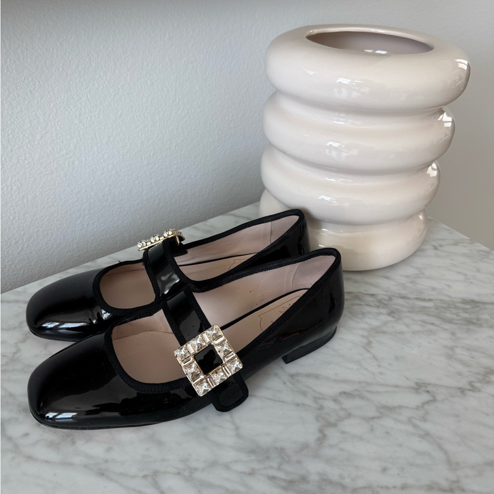 Roger Vivier Patent Leather Black Mary Jane Shoes with Crystal Buckle